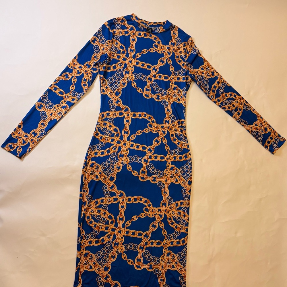 SHEIN Blue and Orange Chain Print Long Sleeve Dress